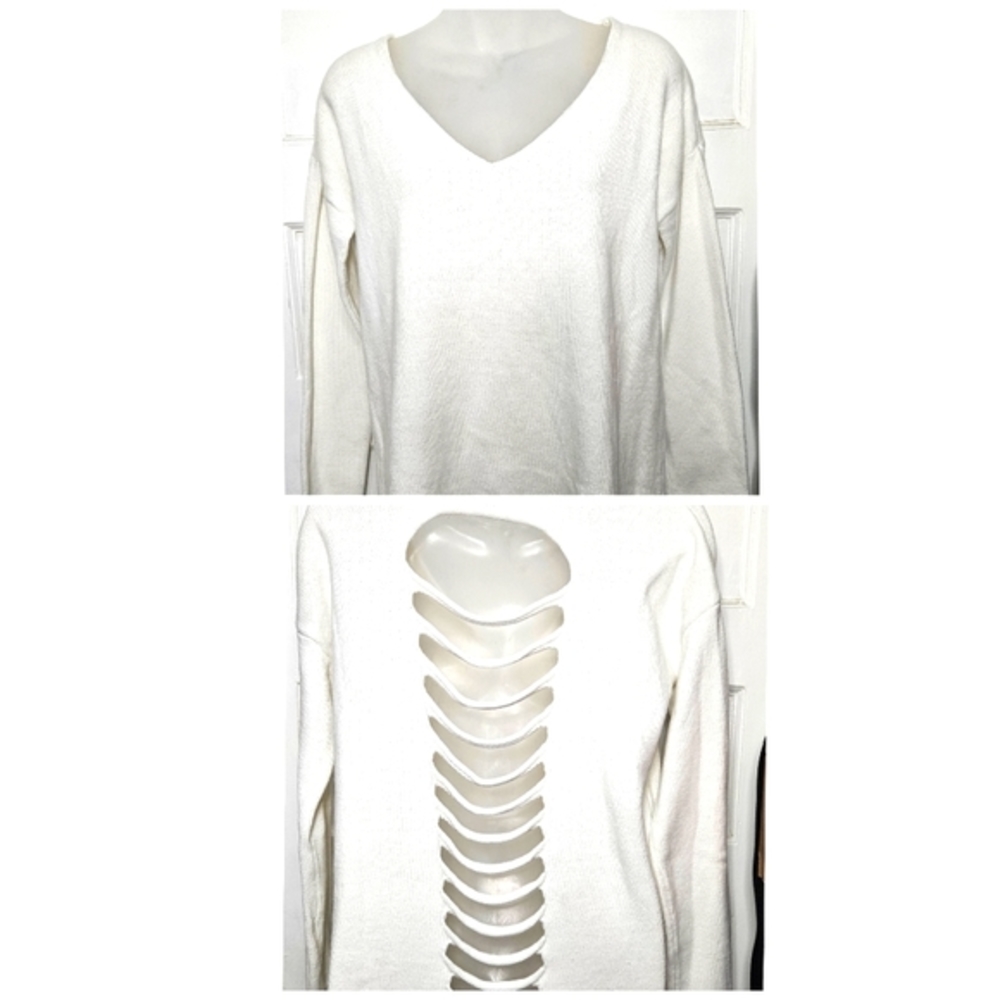 Express Cream Ladder Cut Out Back Drop Shoulder V-neck Sweater Size S